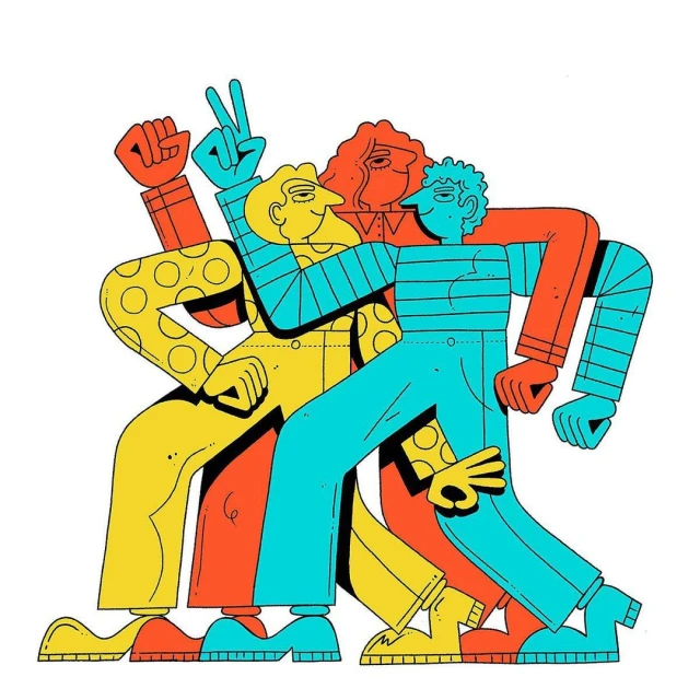 Illustration of three figures, cartoon style, walking together, with different hand gestures, in yellow, orange, and turquoise colors.