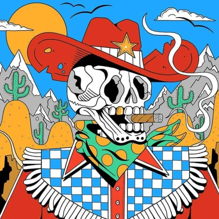 Illustration of a skeleton cowboy wearing a hat, bandana, and cigar, set against a desert landscape with cacti, mountains, sun, and birds.