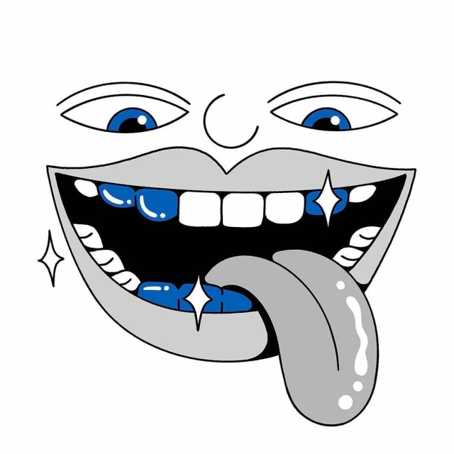 Stylized illustration of a cartoon face with wide open mouth, blue teeth, protruding tongue, and exaggerated features on a white background.