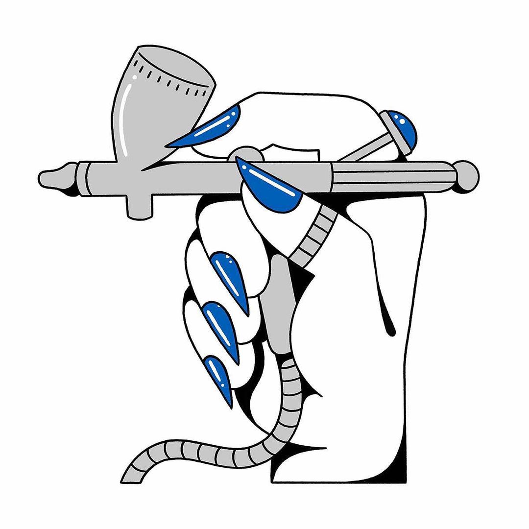 Illustration of a hand with long, blue nails holding an airbrush gun with a grey hose, set against a clean, white backdrop.