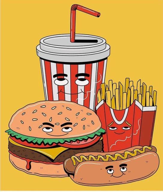 Cartoon food illustration: smiling burger, fries, soda with straw, and hotdog on a yellow background. Whimsical and fun art.