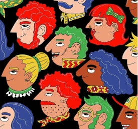 Illustrated pattern featuring a collage of colorful stylized profile portraits of people with diverse hair colors and clothing against a black background