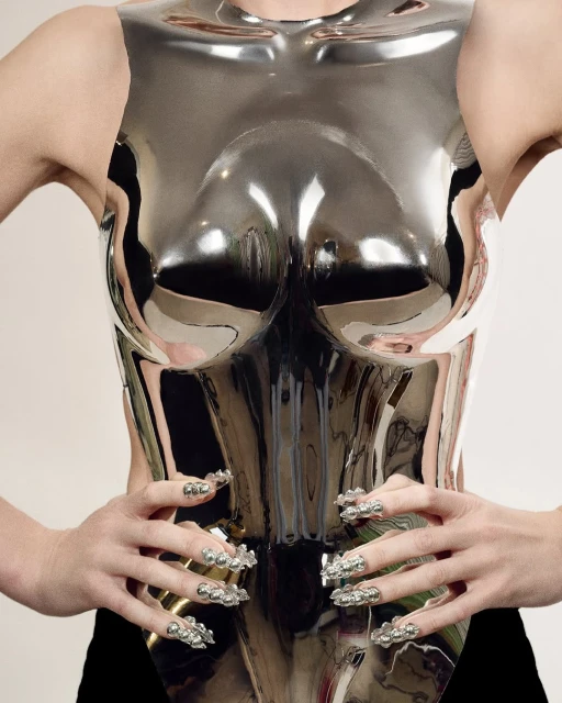 Woman in shiny silver corset and black bottoms poses with hands on hips, showcasing long silver jeweled nails against a light background.