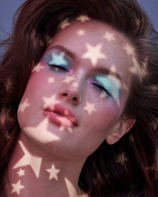 Close-up portrait of a young woman with teal eyeshadow, soft pink blush, and star-shaped shadows projected onto her face.