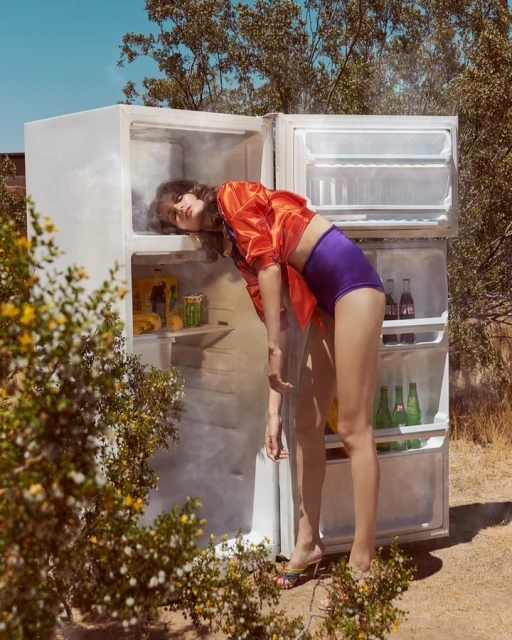 Woman in orange blouse leans into open refrigerator with visible produce, bottles, and water vapor in sunny outdoor setting.