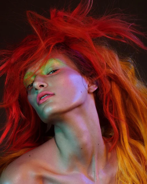 Close-up portrait of a young adult woman with vibrant red and yellow hair, artistic makeup, and a bare shoulder posing against a dark backdrop.