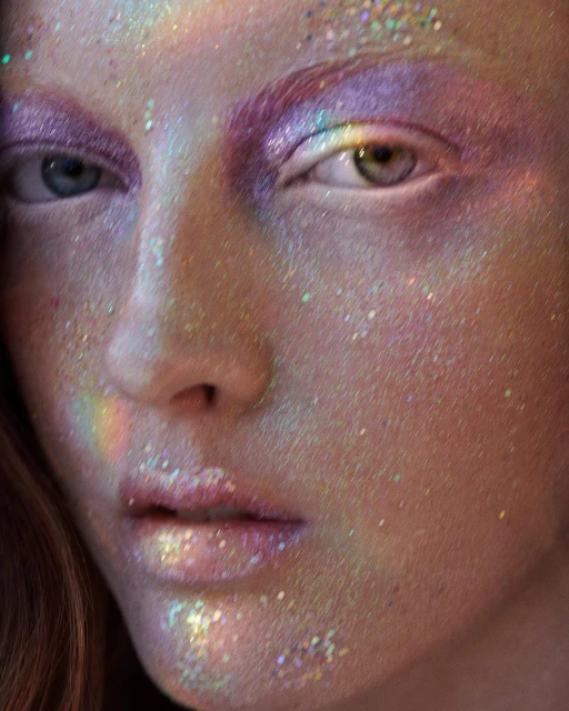 Closeup of a person's face with iridescent glitter makeup on the skin and eyelids. One eye is blue, and the other is green.