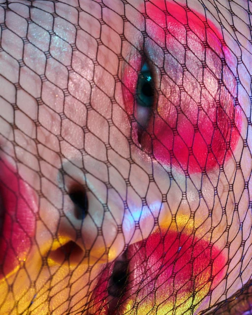 Close-up of a person's face covered with a black net, featuring colorful makeup in pink, yellow, and blue tones. One eye is visible.