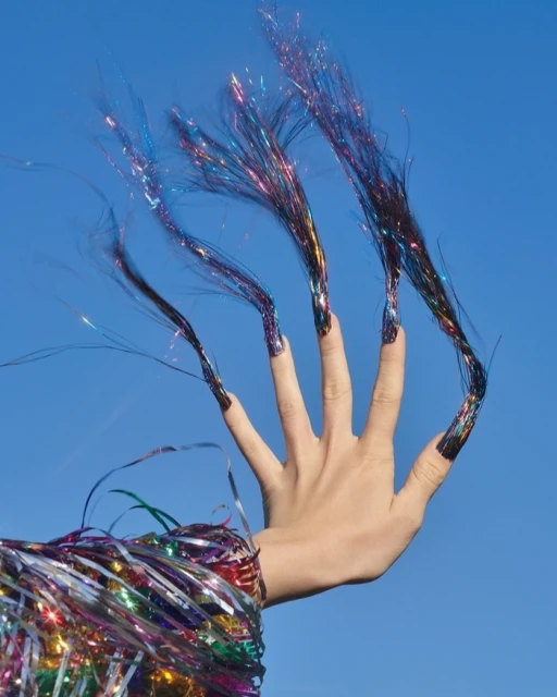 Woman's hand with long, glittery black nails outstretched against a clear blue sky, wearing a colourful metallic fringe sleeve.