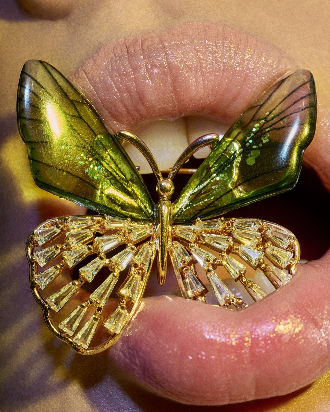 Close-up of an adult's mouth with pink lipstick and a butterfly brooch. The butterfly is green and gold with a jeweled lower wing.