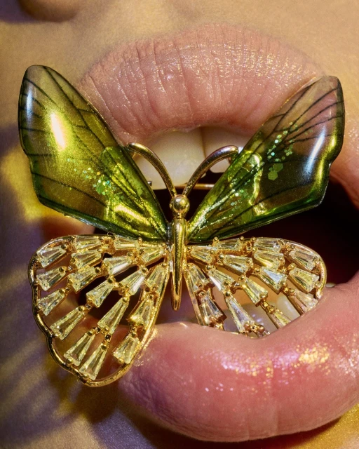 Close-up of an adult's mouth with pink lipstick and a butterfly brooch. The butterfly is green and gold with a jeweled lower wing.