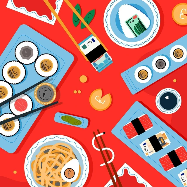 Overhead shot of flat lay illustration of food items including sushi, noodles, and onigiri with a currency theme on a red surface.