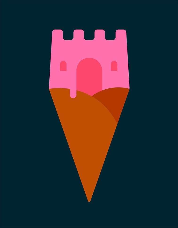 Graphical art of a pink castle on a brown hill within a brown ice-cream cone against a dark-blue background.