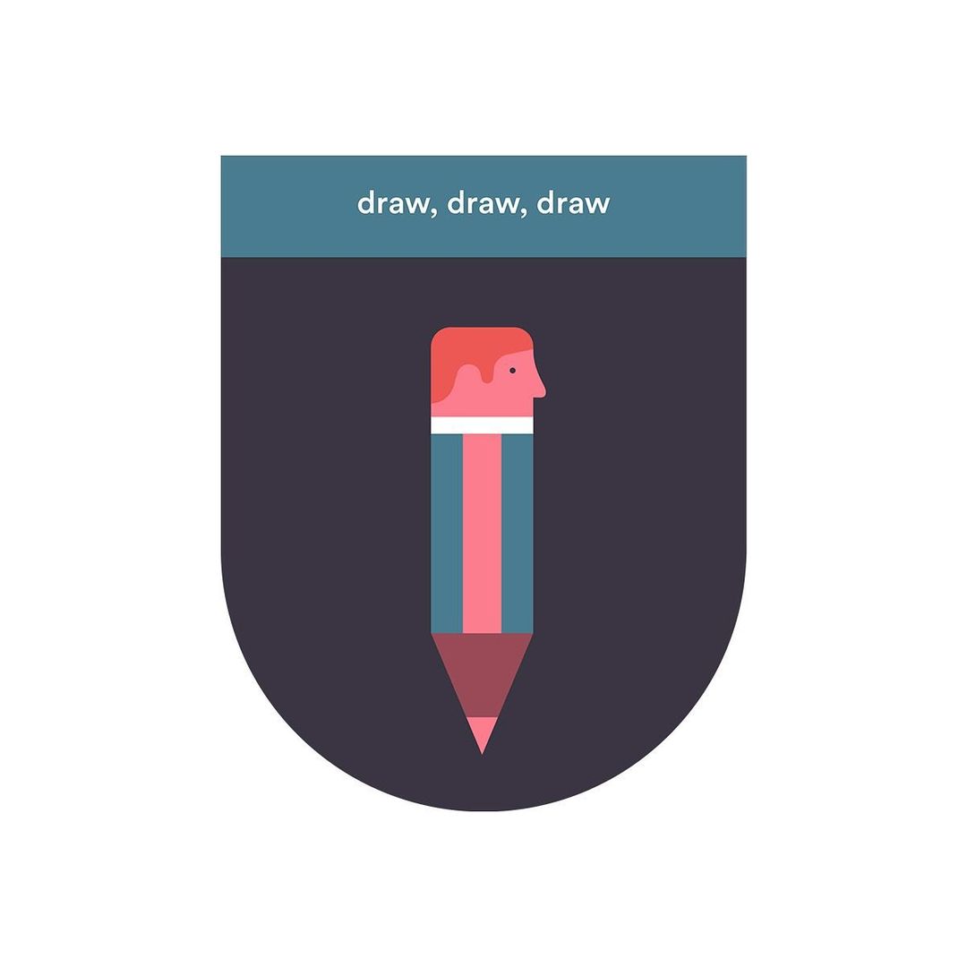Illustration of a red-haired man's profile forming the top of a pencil against a dark backdrop with the text 'draw, draw, draw'.