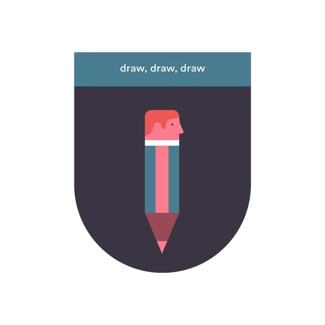 Illustration of a red-haired man's profile forming the top of a pencil against a dark backdrop with the text 'draw, draw, draw'.