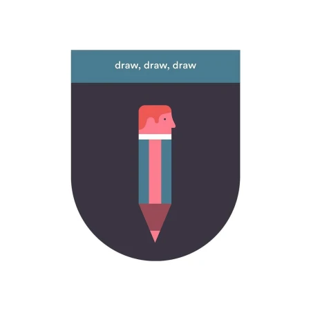 Illustration of a red-haired man's profile forming the top of a pencil against a dark backdrop with the text 'draw, draw, draw'.