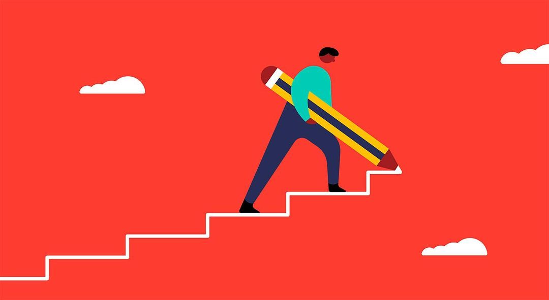 Illustration of a man climbing stairs, carrying a large yellow pencil, against a vibrant red background with stylized white clouds.