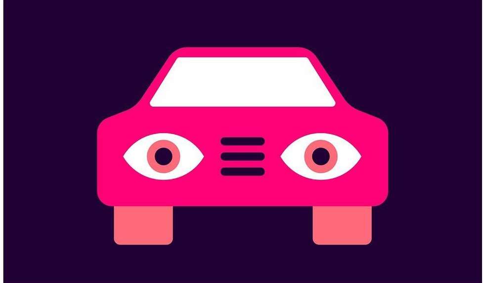 Abstract car illustration in pink and white with eye designs on a purple background, modern vector design.