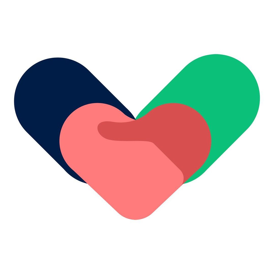 Abstract image featuring interlocking geometric shapes in coral, navy, and green against a clean white background. Rounded design elements.