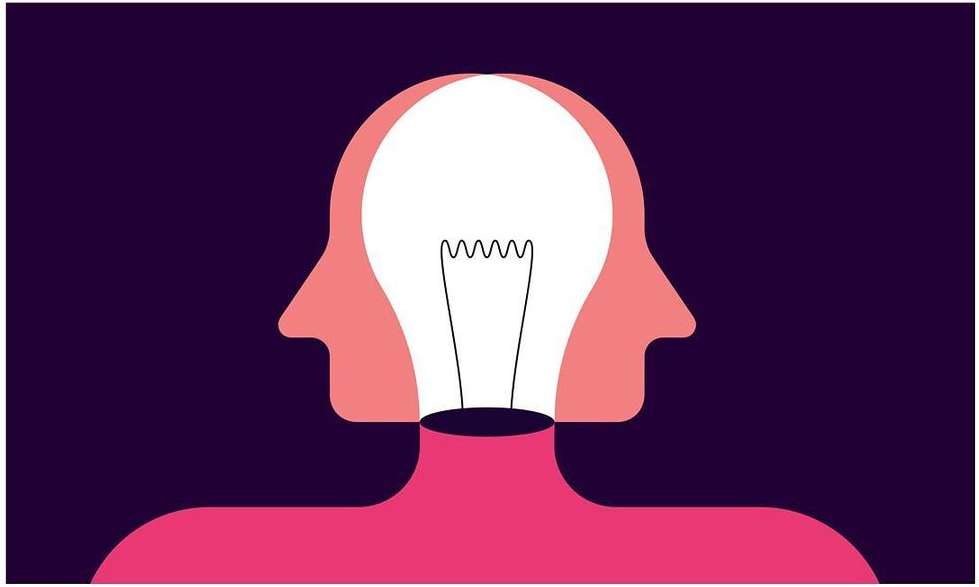 Illustration of a human head with a lightbulb inside, concept for idea generation and creative thinking on a dark purple background.