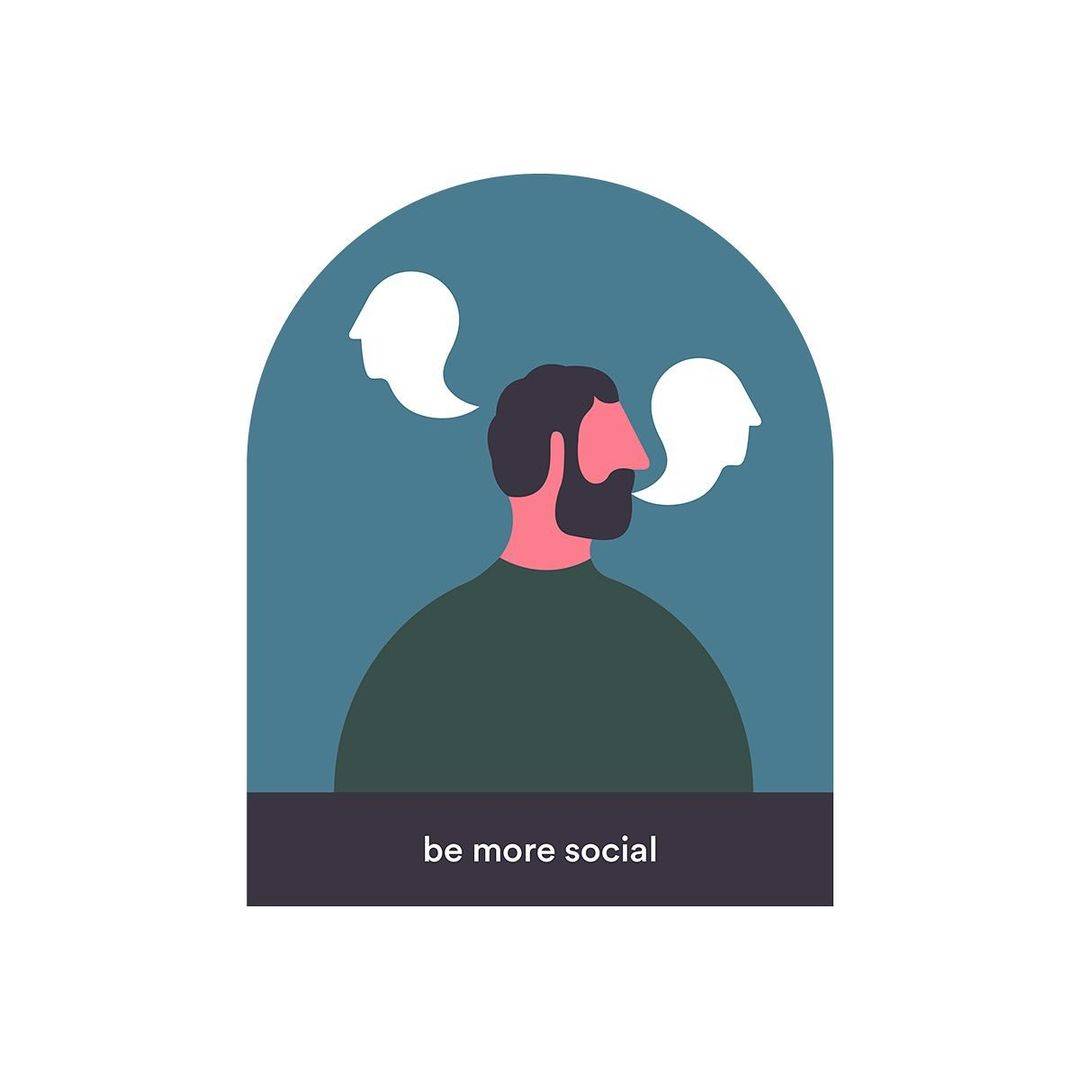 Illustration of a man with a beard, wearing a green shirt, with two speech bubbles featuring a silhouette of a head.