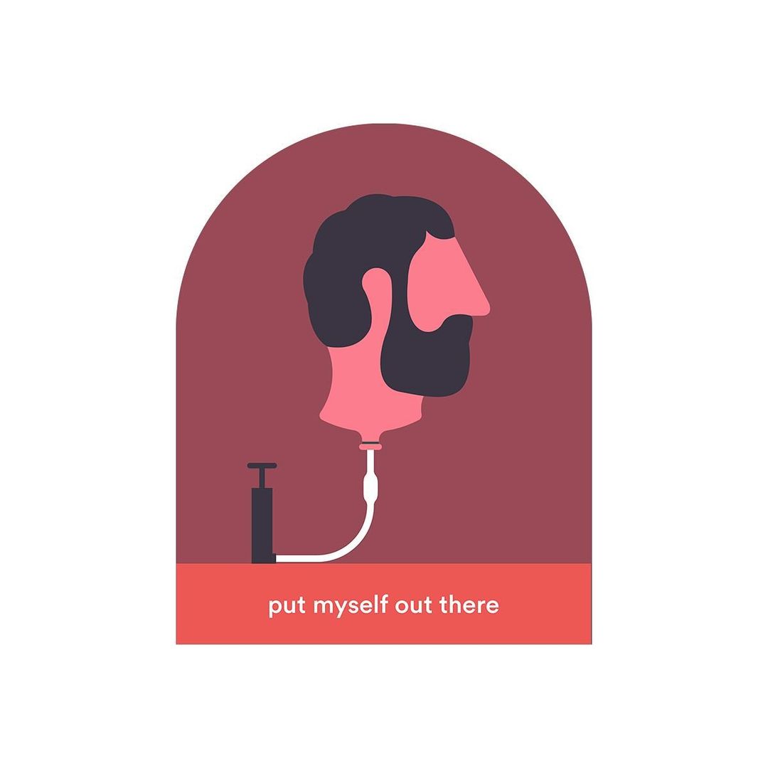 Illustration of a pink head with a beard connected to a pump via a white tube, set against a maroon arch and white background.