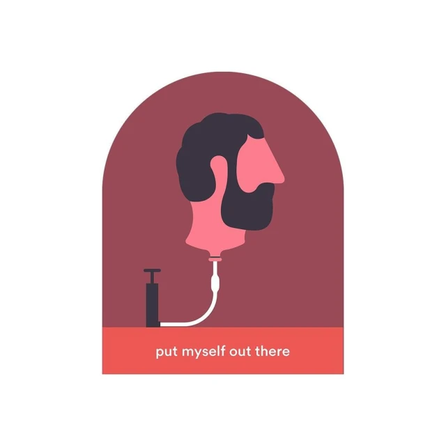 Illustration of a pink head with a beard connected to a pump via a white tube, set against a maroon arch and white background.