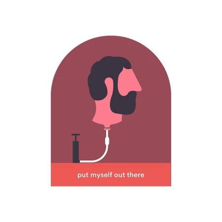 Illustration of a pink head with a beard connected to a pump via a white tube, set against a maroon arch and white background.