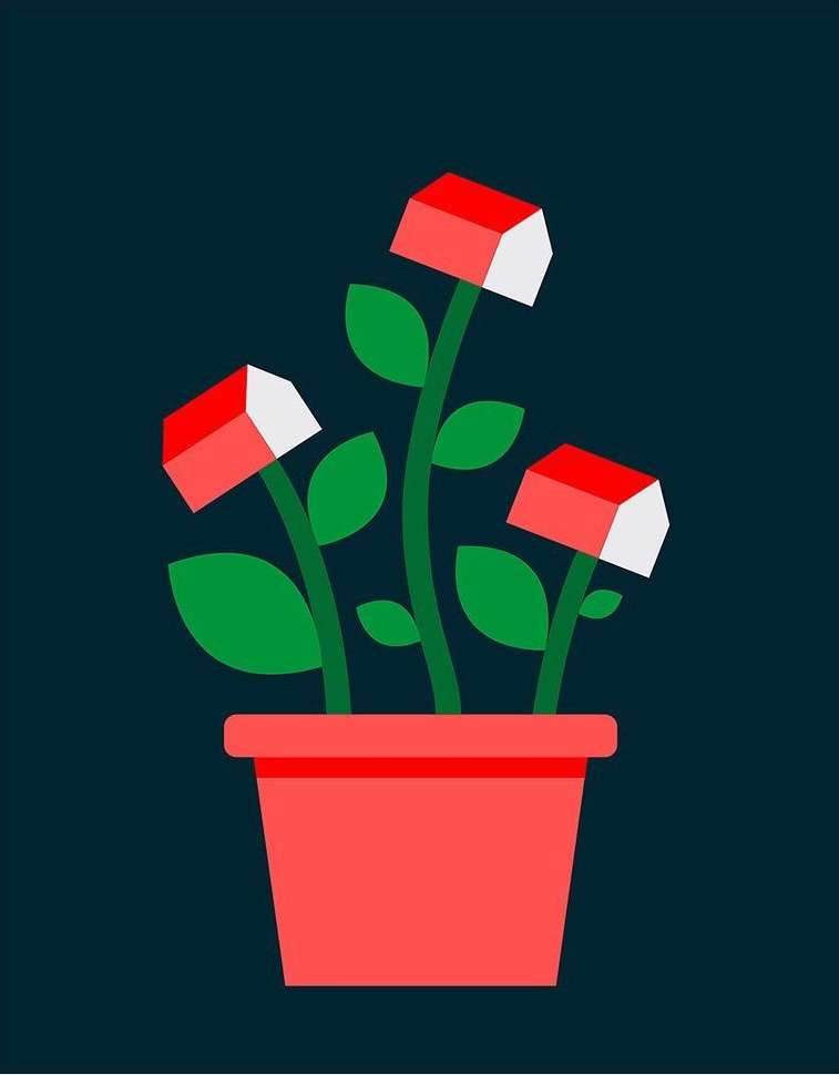Whimsical illustration of house-shaped flowers in a coral pot against a dark teal background, featuring simple geometric shapes.