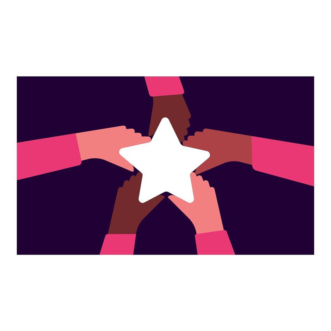 Five hands, with varying skin tones, converge on a white star against a deep purple backdrop in this vector graphic art.