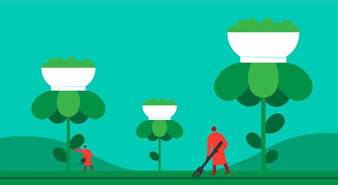 Conceptual image: two figures tending to large plants with white bowls of green food on top, against a blue and green background.