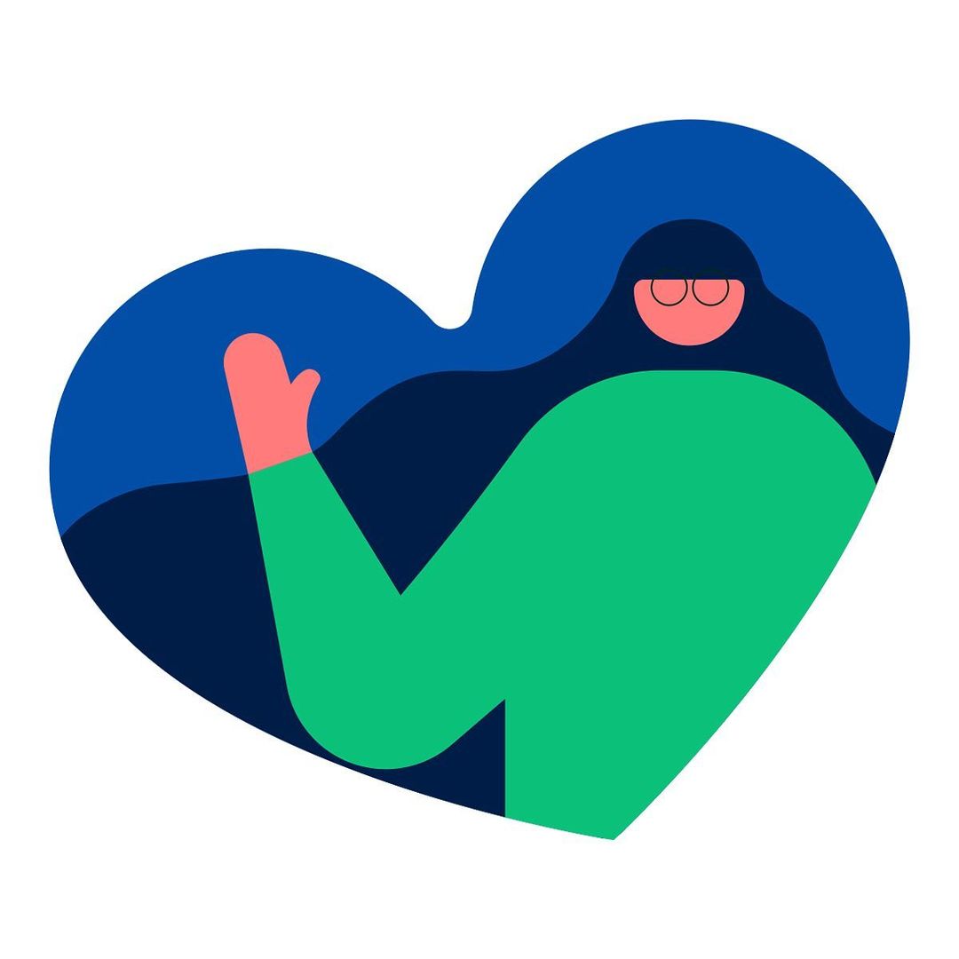 Vector illustration of a woman in a heart shape with her arm raised as if waving, against a white backdrop.