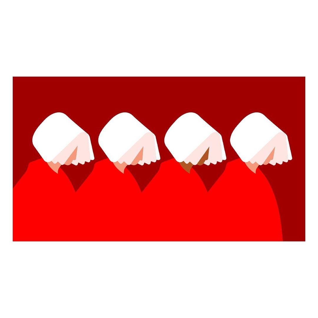 Illustration of four figures in red robes and white bonnets against a red backdrop, minimalist design and high contrast.