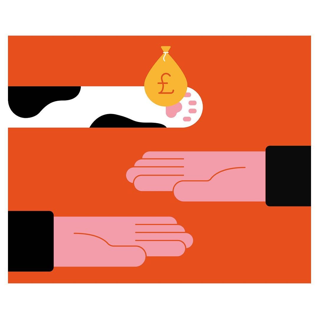 Illustration of a white cat paw holding a money bag above two hands. Conceptual artwork with orange background and minimalistic design.