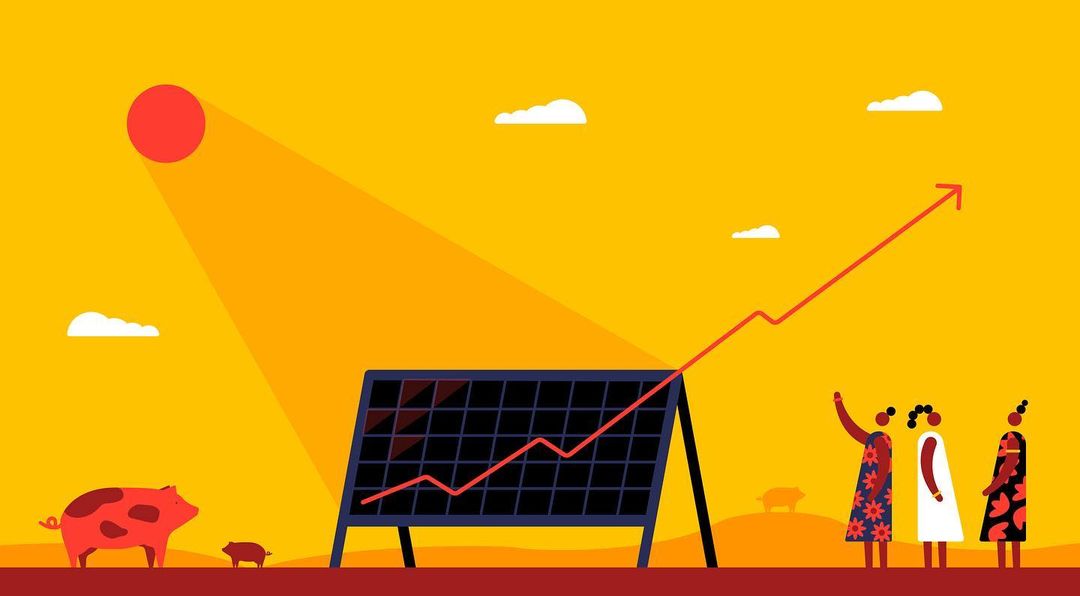 Illustration shows two women looking at a rising graph beside solar panel, with sun overhead and pigs on the ground in a field.