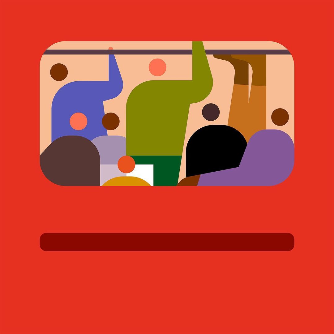 Illustration of people in a subway car with geometric shapes and minimalist design on a red background.