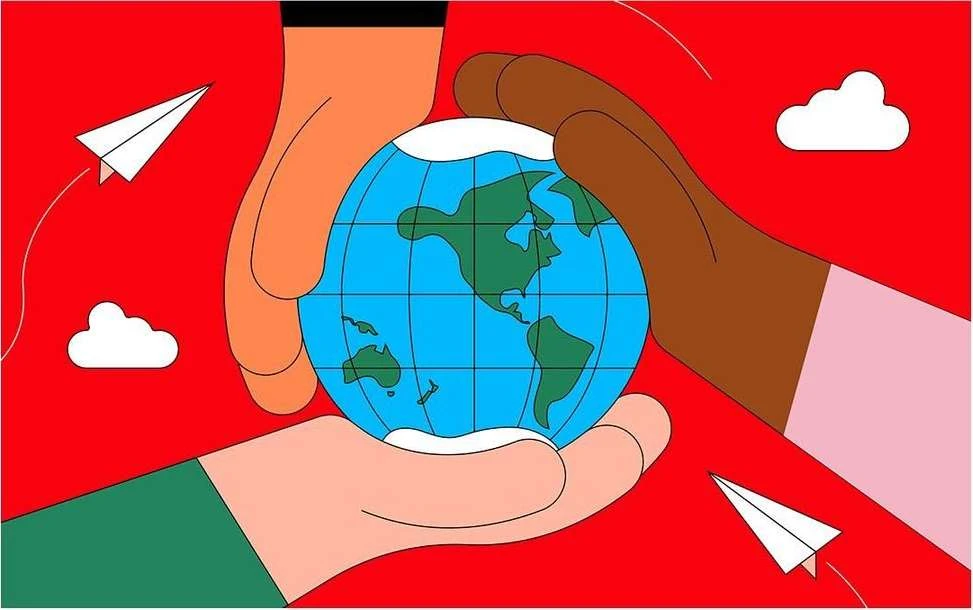 Illustration of multi-ethnic hands holding a globe, set against a red backdrop with paper airplanes and clouds, cartoon style.