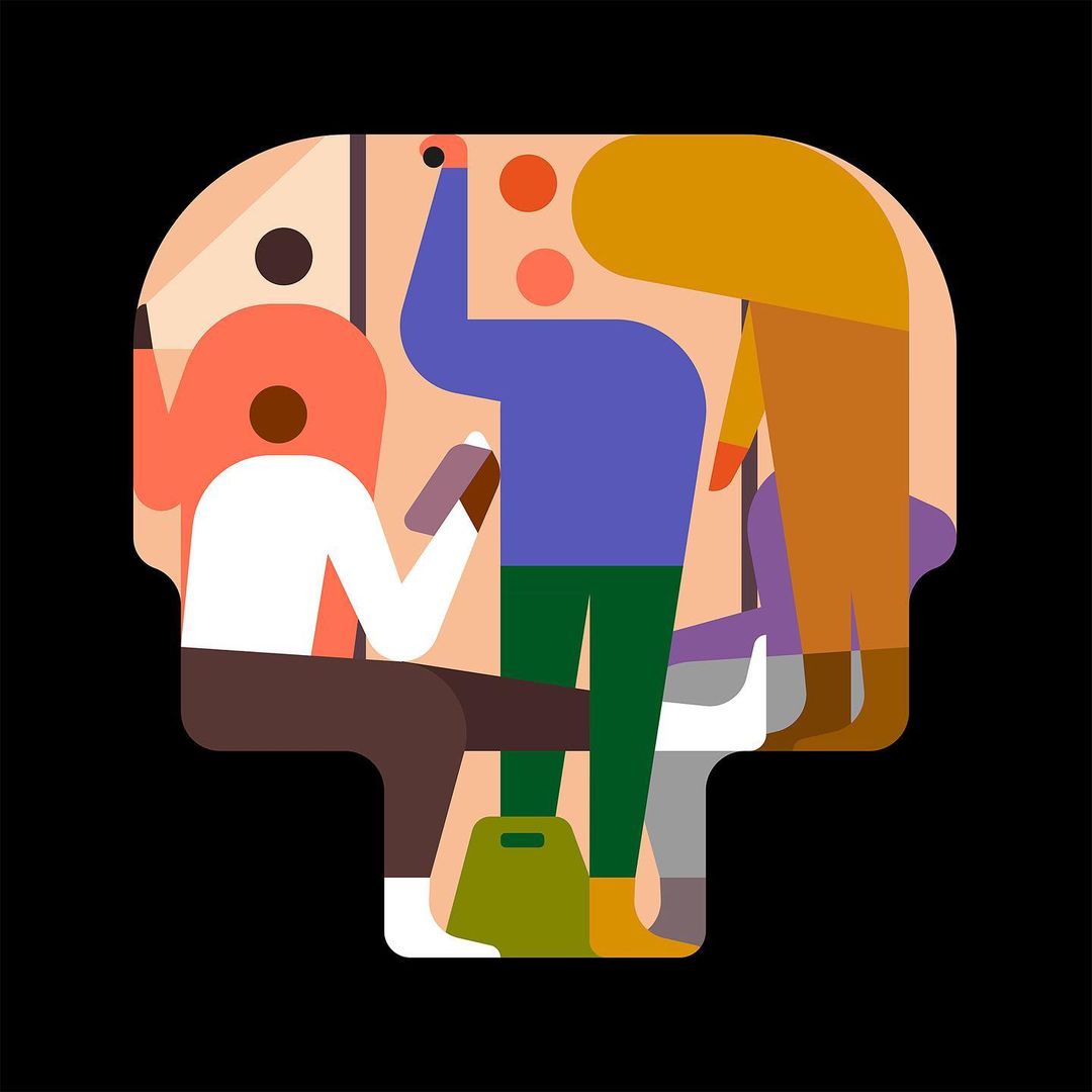Abstract digital illustration of a colorful crowd of commuters riding a train, vector art graphic design on a black background.