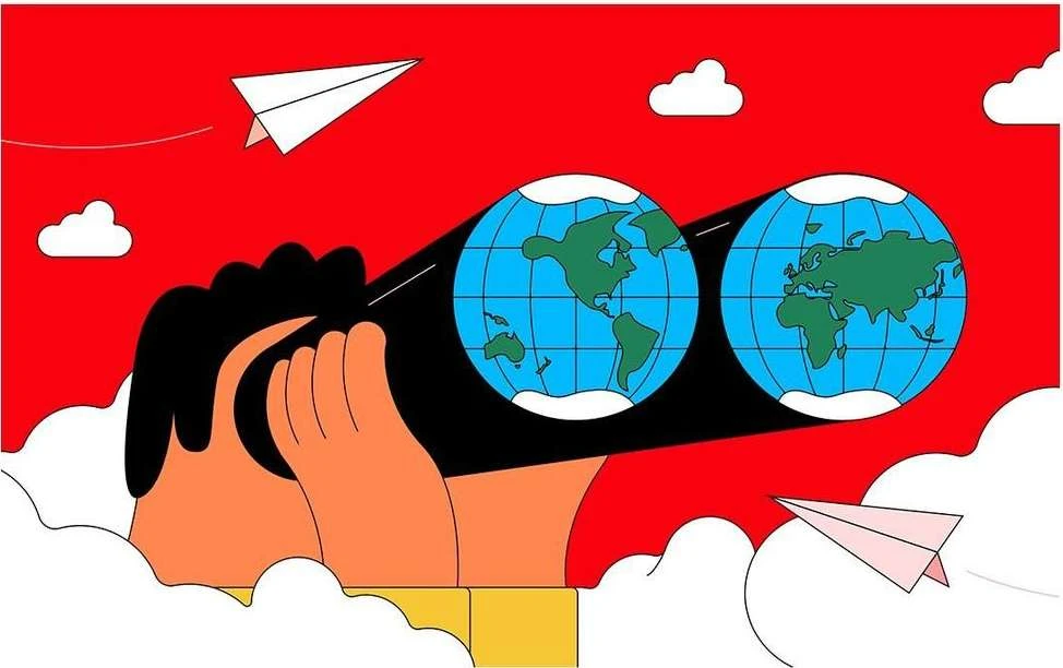 Illustration of hands holding binoculars with globes as lenses, paper airplanes, and clouds against a red background.