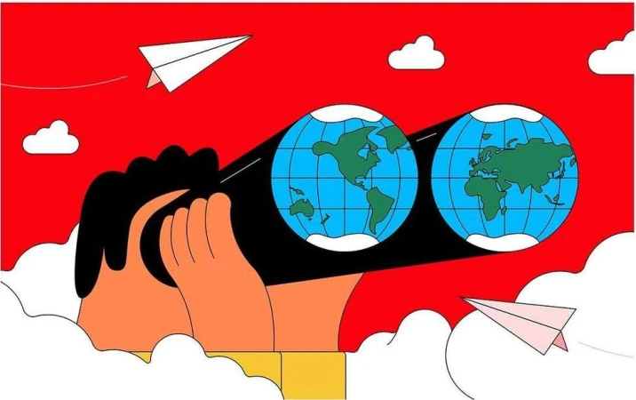 Illustration of hands holding binoculars with globes as lenses, paper airplanes, and clouds against a red background.
