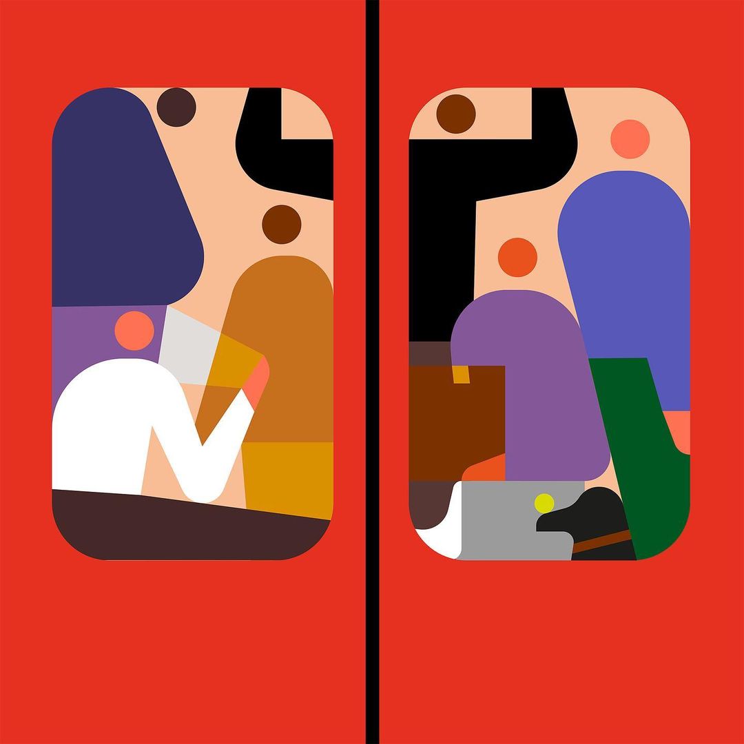 Illustration of people in a red train car, depicted with flat, geometric shapes in various colors, creating a modern and abstract design.