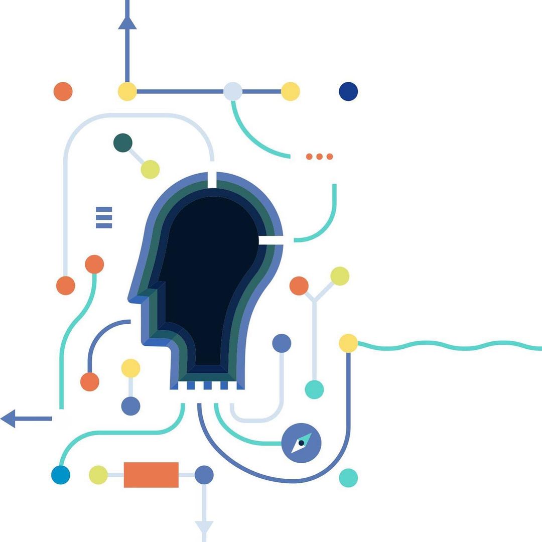 Abstract graphic illustration of a human head in profile connected to a network of colorful nodes and lines on a white backdrop.