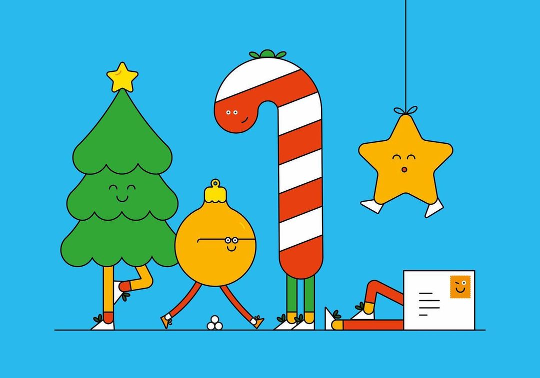 Whimsical holiday illustration: A Christmas tree, candy cane, ornament, and star, all animated with faces, against a blue background.