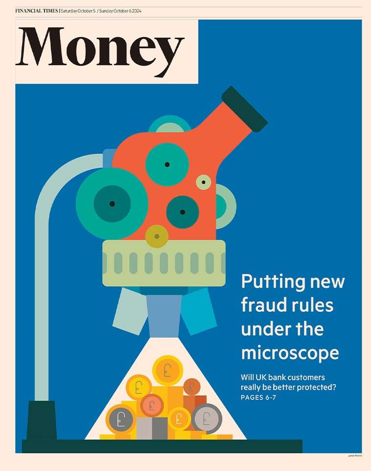 Illustration for finance featuring coins with pound symbols beneath an orange microscope against a blue background in editorial style.