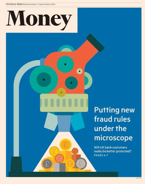 Illustration for finance featuring coins with pound symbols beneath an orange microscope against a blue background in editorial style.