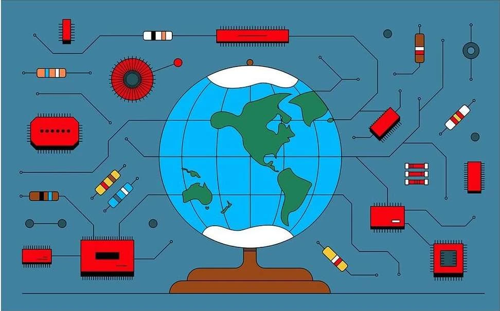 Illustration of a globe surrounded by electronic components and circuit lines on a blue background, representing technology and global connectivity.