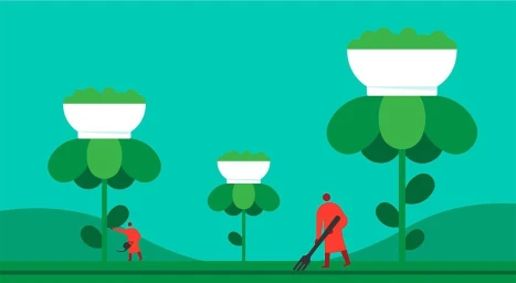 Digital illustration of tiny red figures tending to giant green plants topped with bowls of food by Jamie Portch