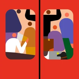 Illustration by Jamie Portch showing stylized commuters seen through two red doors with rounded windows