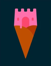 Digital illustration of a pink castle built on top of a brown ice cream cone against a dark blue background.