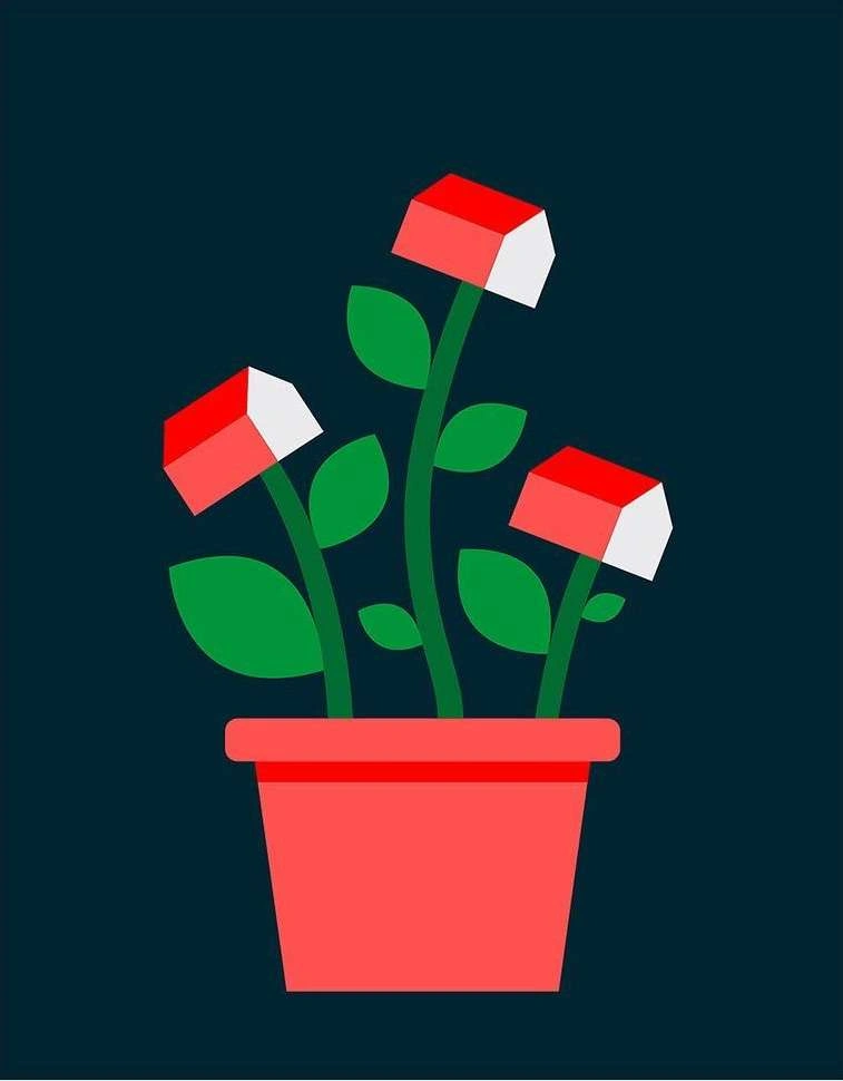 Digital illustration of red and white house-shaped flowers in a flowerpot against a dark background